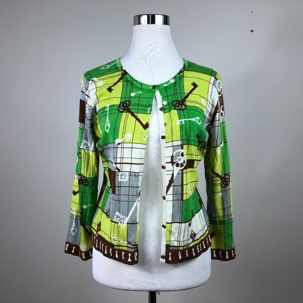 CAbi Green Brown Key Print Cardigan 3/4 Sleeve